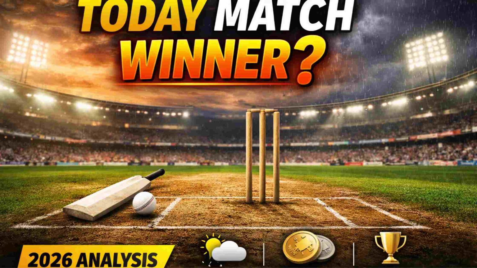 IPL 2026 pitch report and weather report today thumbnail with cricket pitch, bat, and match winner prediction