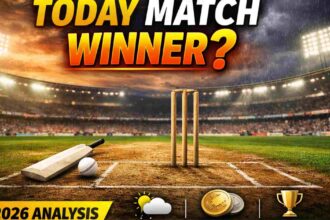 IPL 2026 pitch report and weather report today thumbnail with cricket pitch, bat, and match winner prediction