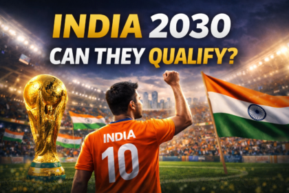 India FIFA World Cup 2030 qualification thumbnail with football player, stadium, Indian flag and World Cup trophy