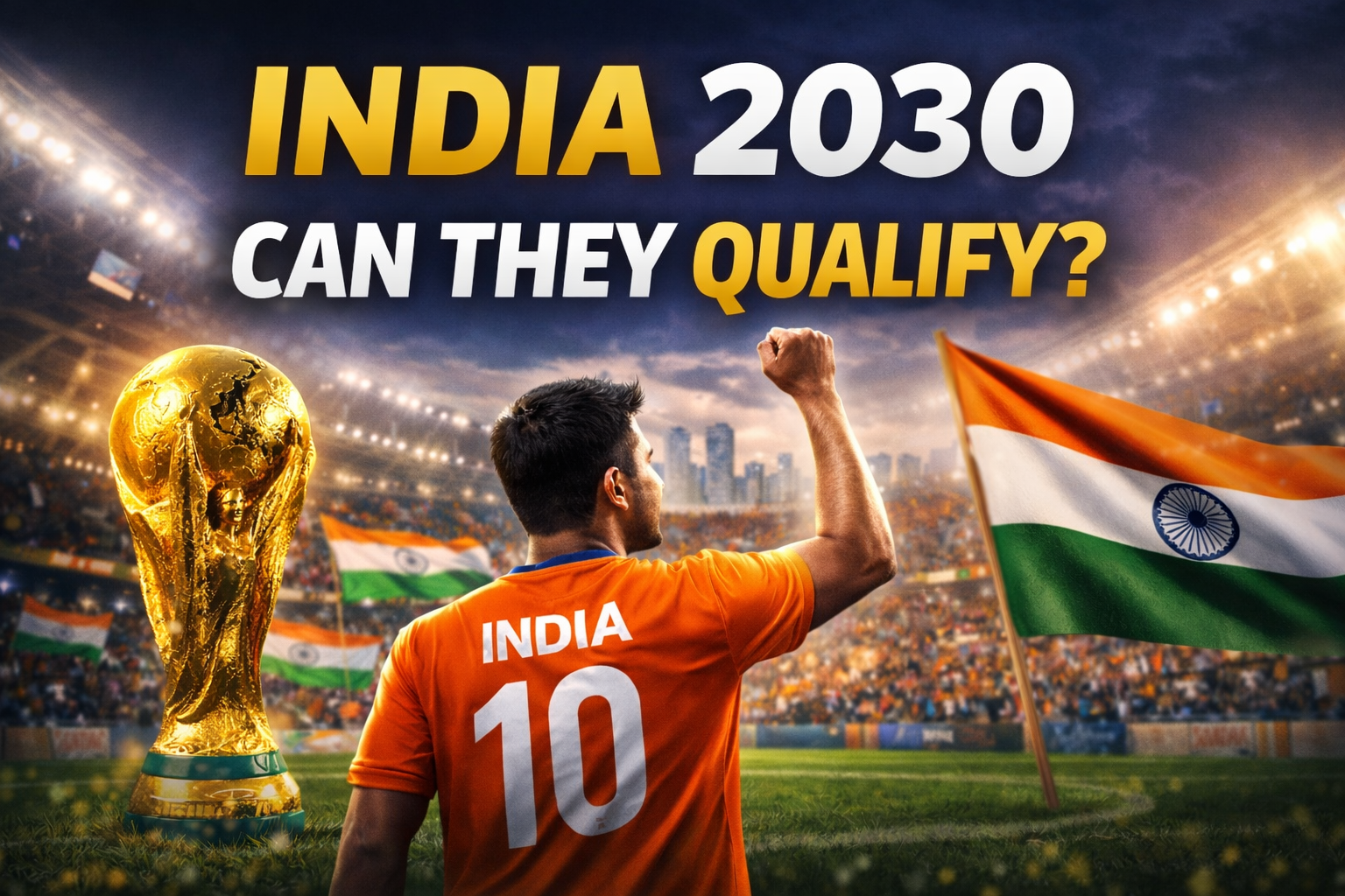 India FIFA World Cup 2030 qualification thumbnail with football player, stadium, Indian flag and World Cup trophy