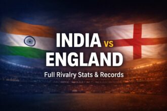 India National Cricket Team vs England Cricket Team rivalry image showing flags, stadium background and match comparison stats