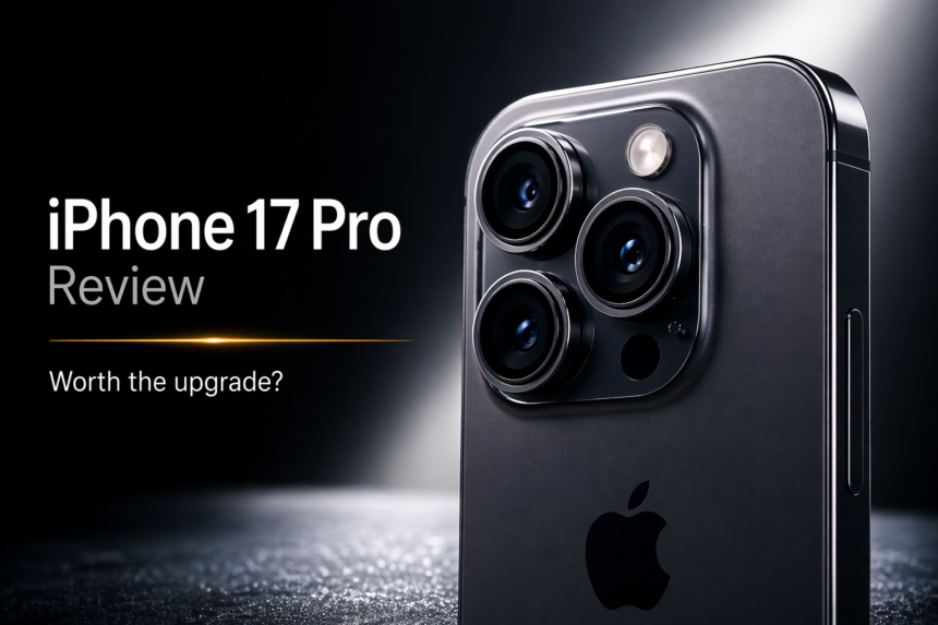 iPhone 17 Pro close-up with triple camera system, cinematic lighting, premium design, review thumbnail