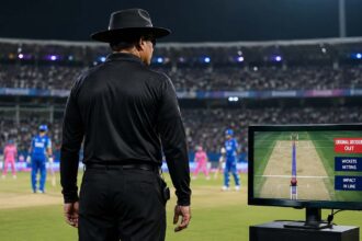 Professional cricket umpire officiating during an IPL-style match with DRS review screen in India