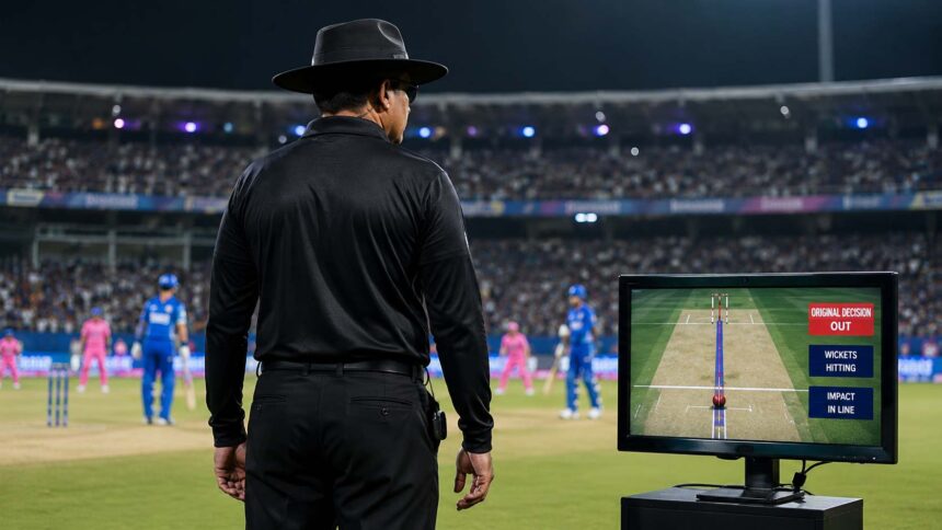 Professional cricket umpire officiating during an IPL-style match with DRS review screen in India