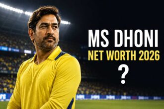 MS Dhoni standing in IPL stadium during MS Dhoni Net Worth 2026 Updated feature image