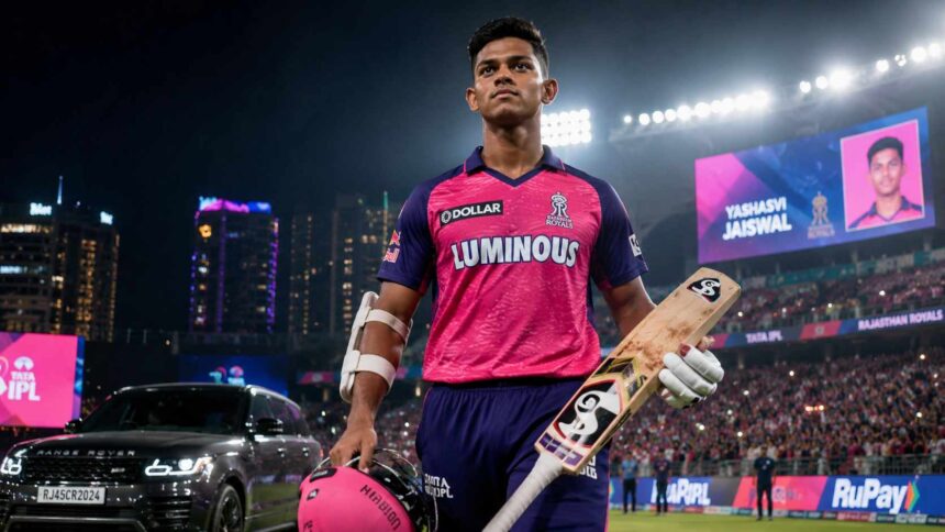 Yashasvi Jaiswal Net Worth 2026 featured image showing the Rajasthan Royals cricketer walking inside an IPL stadium with a cricket bat and luxury SUV