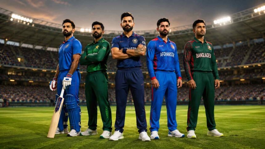 Top highest paid Asian cricketers in 2026 standing in a cricket stadium representing player earnings, IPL contracts, sponsorships, and cricket wealth