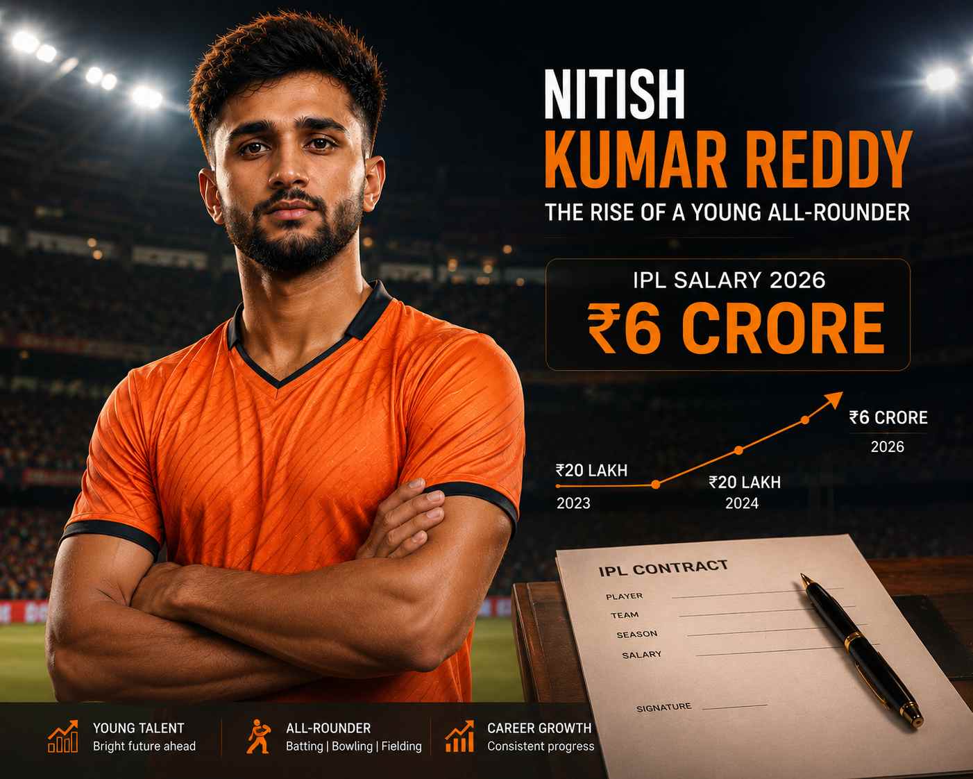 Nitish Kumar Reddy IPL Salary 2026 showing SRH contract growth from ₹20 lakh to ₹6 crore